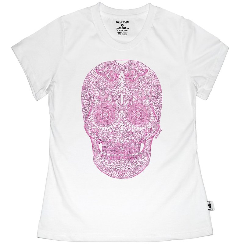British Fashion Brand [Baker Street] Zentangle Skull  Printed T-shirt - เสื้อยืดผู้หญิง - ผ้าฝ้าย/ผ้าลินิน ขาว