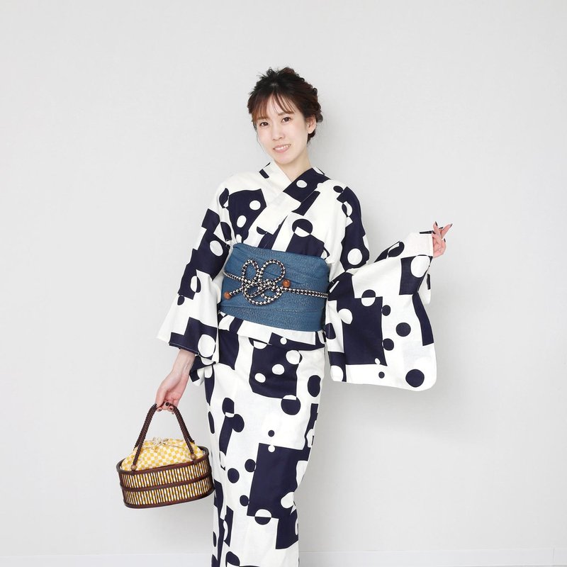 Ladies Dot Checkered Pattern Yukata Obi 2-Piece Set F Size x13-14 yukata - อื่นๆ - ผ้าฝ้าย/ผ้าลินิน สีน้ำเงิน