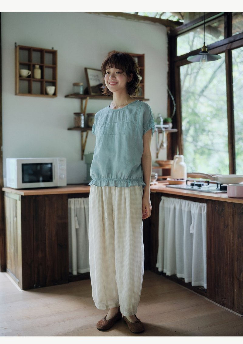 兩色格子苧麻直筒氣球褲 - 女長褲 - 棉．麻 多色