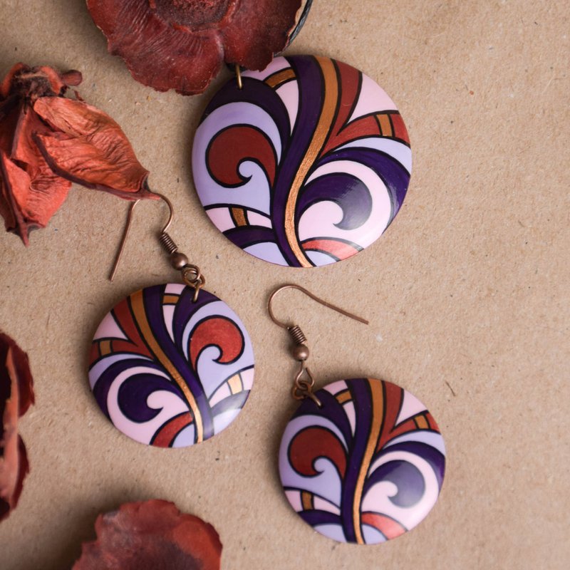 Wooden Earrings and Pendant Set for Women, Teardrop Trendy Fun Unique Gift - ต่างหู - ไม้ สีม่วง
