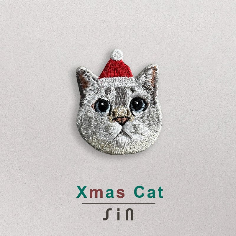 單卡聖誕小貓-刺繡貼紙-藍眼英短貓(XHC0012) - 貼紙 - 繡線 紅色