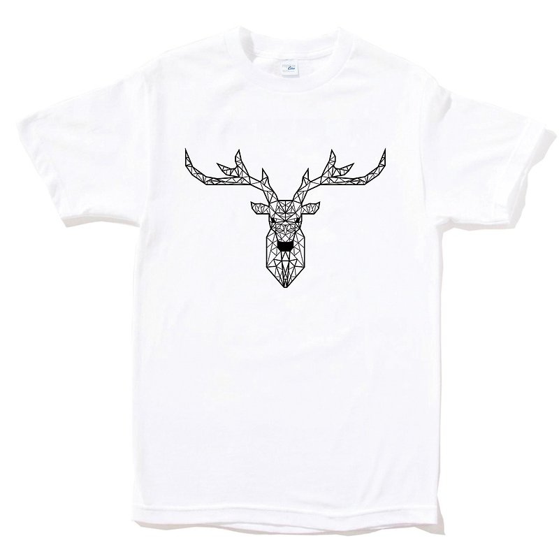 Deer Geometric Short Sleeve T-shirt White Geometric Deer Universe Design Homemade Brand Milky Way Trendy Round Triangle - Men's T-Shirts & Tops - Cotton & Hemp White