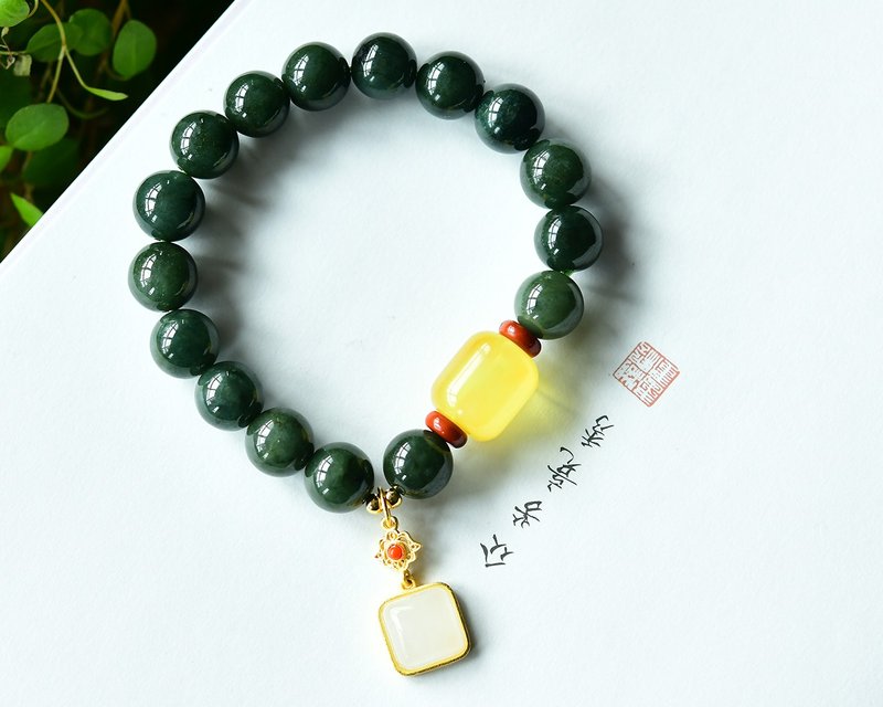 New American natural Hetian jade 10mm bracelet with Wax bucket beads Hetian jade square brand accessories - สร้อยข้อมือ - หยก 