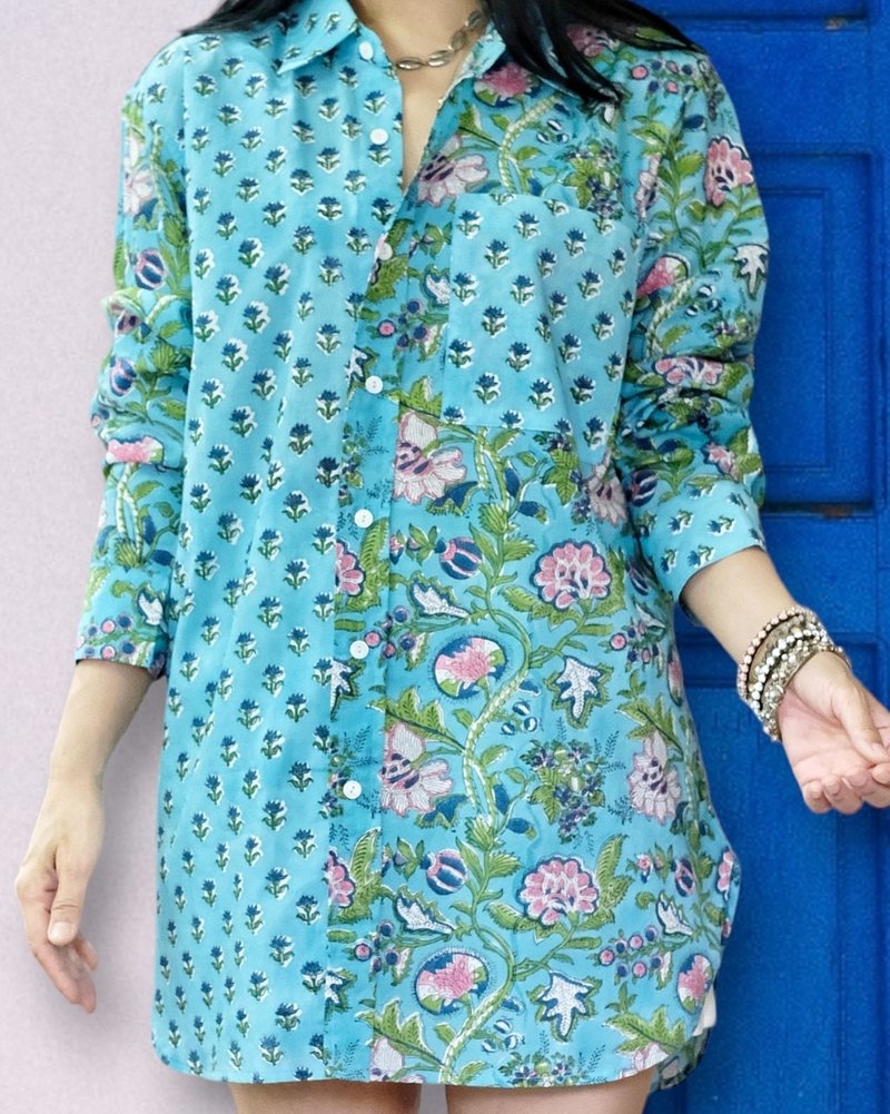 Chaya 襯衫（印度手工塊印花面料）- 藍色 - 女襯衫 - 棉．麻 藍色