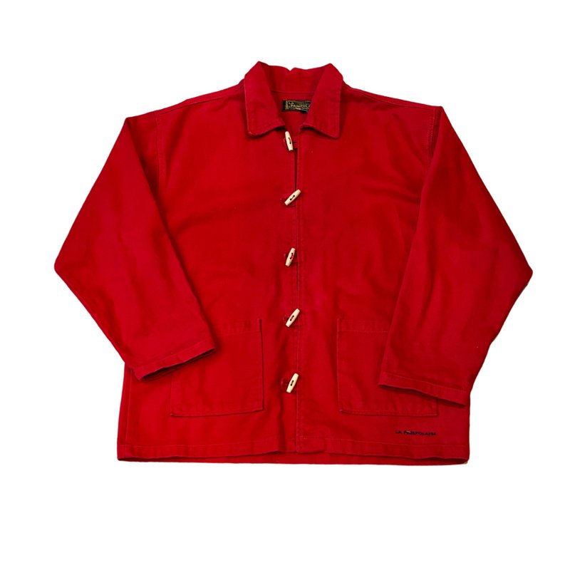 French red wooden button work jacket - เสื้อโค้ทผู้ชาย - ผ้าฝ้าย/ผ้าลินิน สีแดง