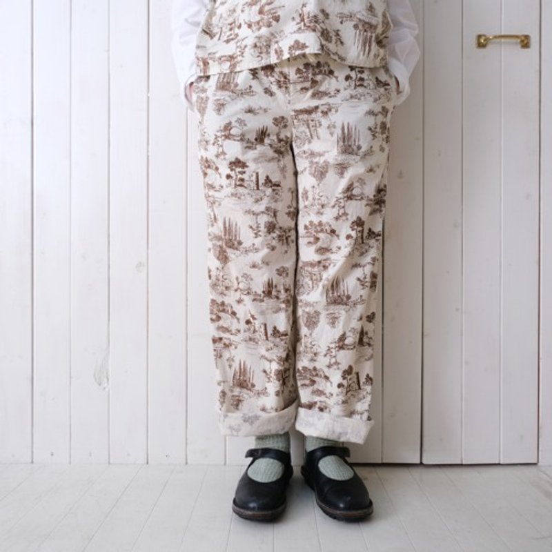 Cotton poplin relaxed pants with scenic pattern in Brown - Unisex Pants - Cotton & Hemp 