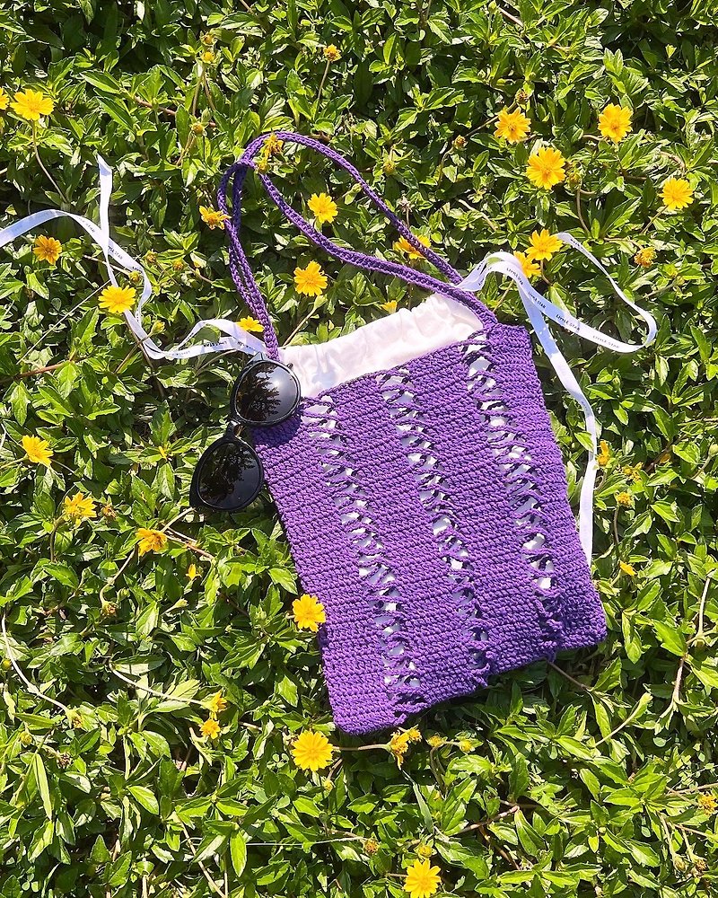 紫の花のかぎ針編みバッグ - トート・ハンドバッグ - コットン・麻 パープル