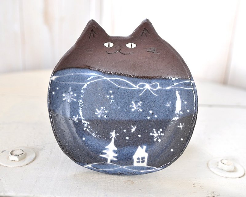 ほしのねこ皿 ~聖なる夜~　レギュラーサイズ【クリスマス限定バージョン】 - 花瓶/陶器 - 陶 藍色