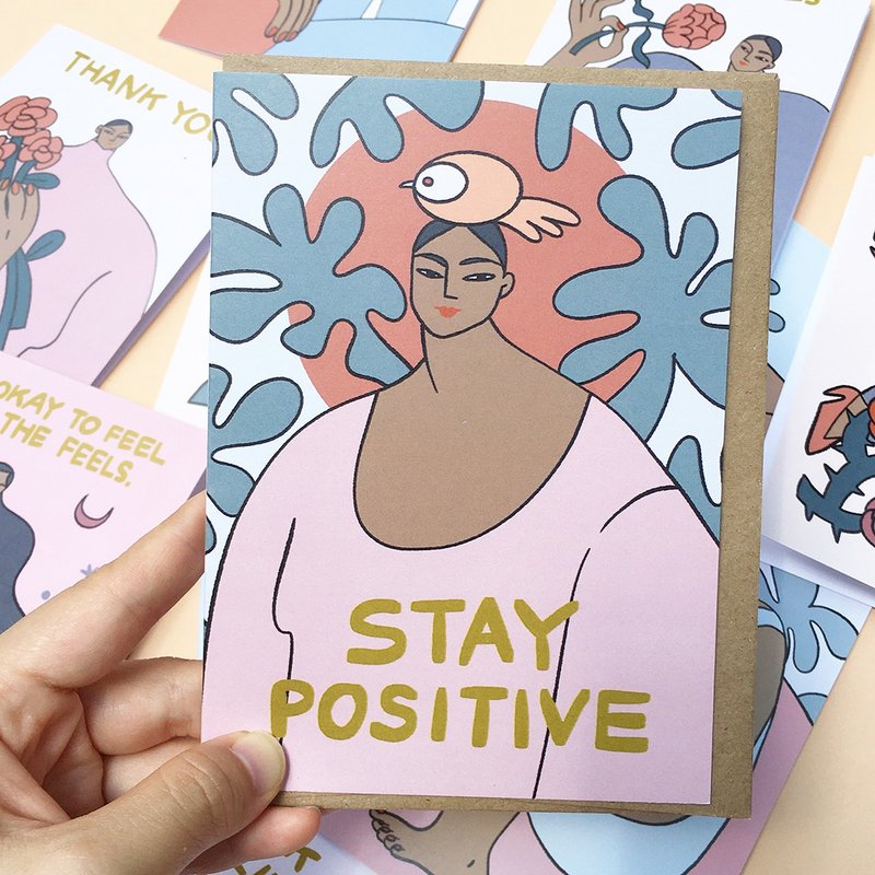 การ์ด ให้กำลังใจ มินิมอล ผู้หญิง ดอกไม้ Stay Positive Encouragement Card - การ์ด/โปสการ์ด - กระดาษ 