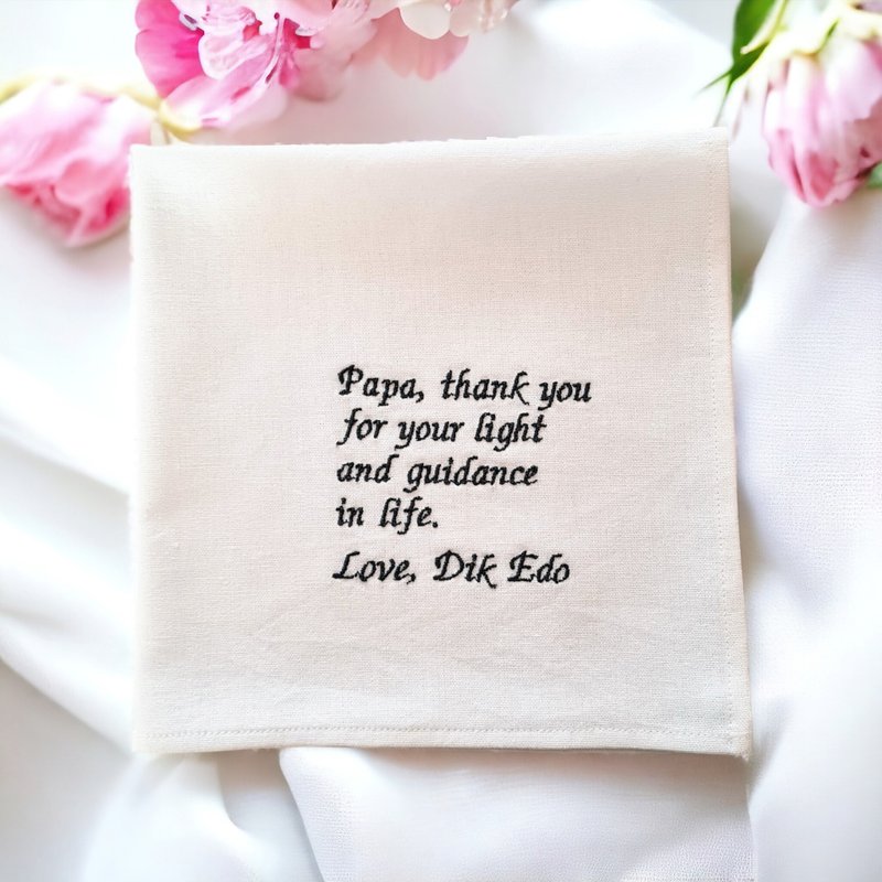 Handkerchief linen custom poem embroidered, Personalized Wedding hankie gift Dad - ผ้าเช็ดหน้า - ลินิน ขาว