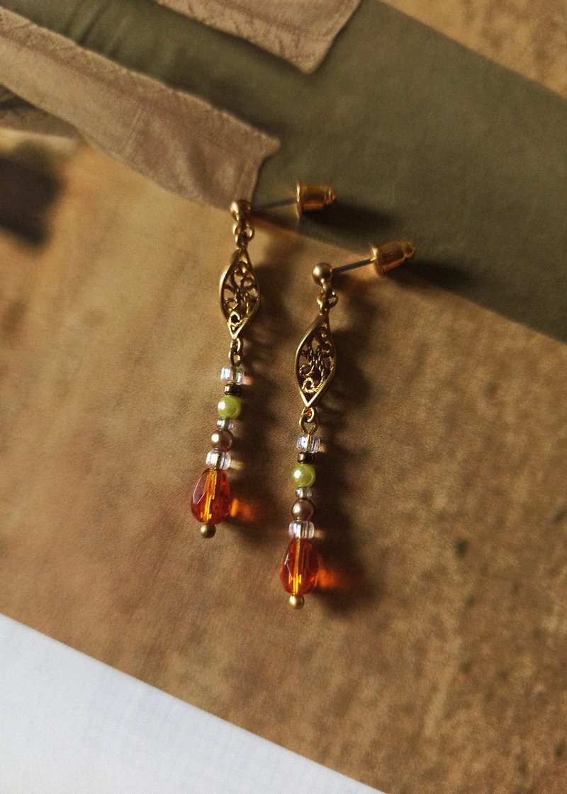 Twist Window Amber Cut Corner Bead Drop Earrings Bronze Earrings - ต่างหู - ทองแดงทองเหลือง หลากหลายสี