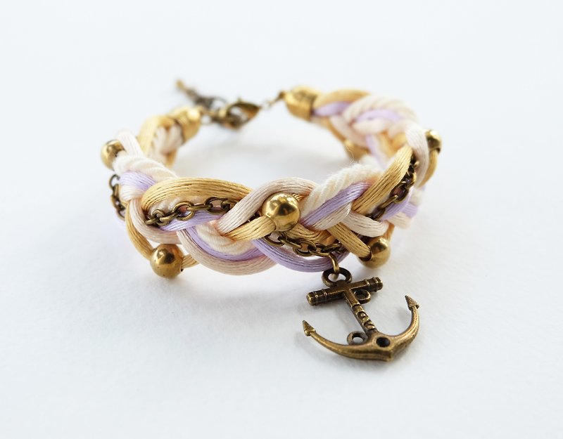 White Gold Lilac braided bracelet with brass anchor  - Bracelets - Other Materials Gold