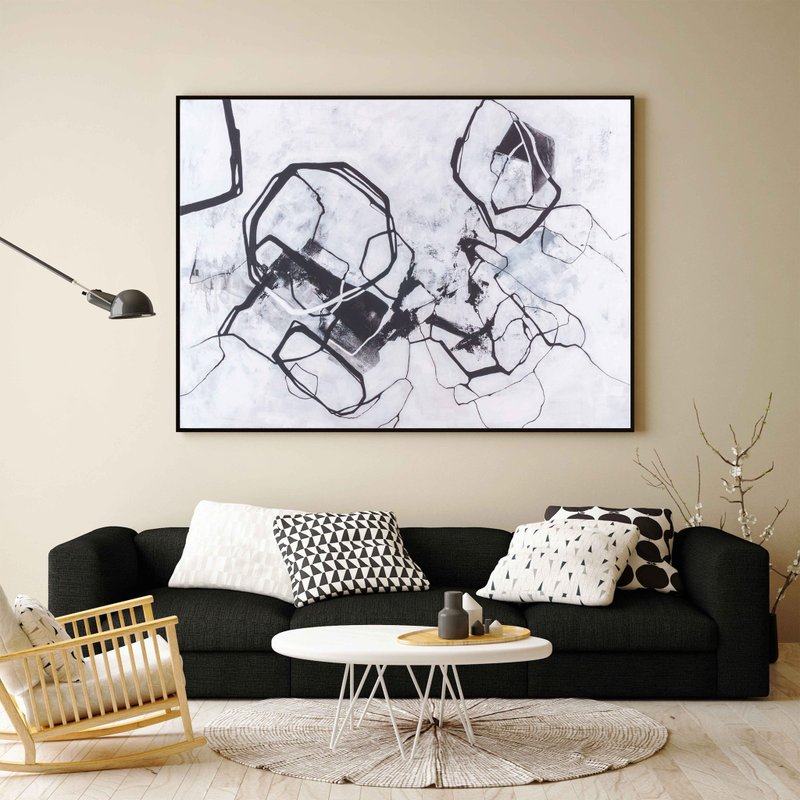 White Black Painting | White Black Abstract | White Black Art | Black and White - 壁貼/牆壁裝飾 - 棉．麻 黑色
