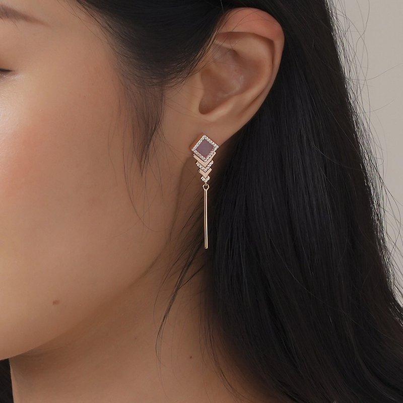 紫玉吊耳環 方形 - 天然翡翠 - 保證A玉 - 耳環/耳夾 - 玉石 黑色