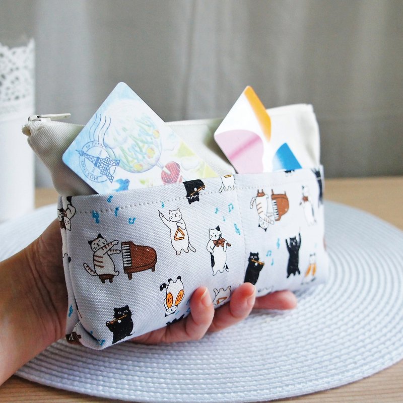 Lovely【日本布訂製】貓咪音樂家多分隔筆袋、工具袋、灰白 - 筆盒/筆袋 - 棉．麻 灰色