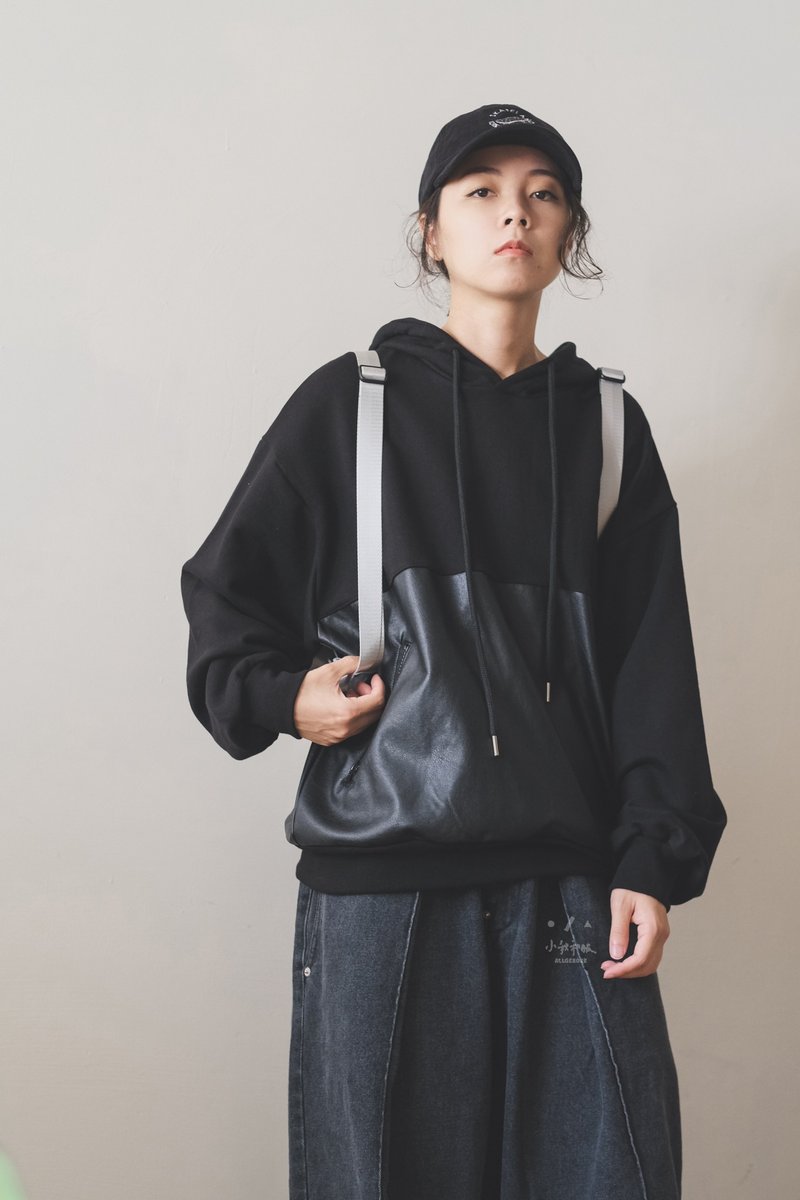 雙層乳酪皮革拼接連帽Tee - 2色 長袖棉質連帽上衣 - 女上衣/長袖上衣 - 棉．麻 黑色