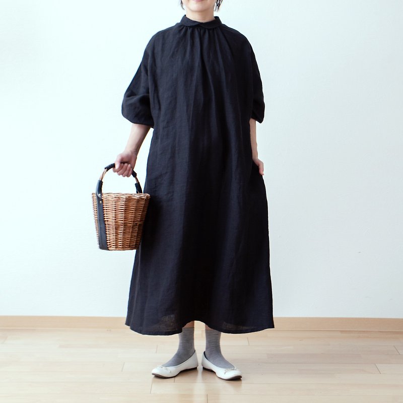 Volume sleeve French Linen A-line dress/Black - One Piece Dresses - Cotton & Hemp Black