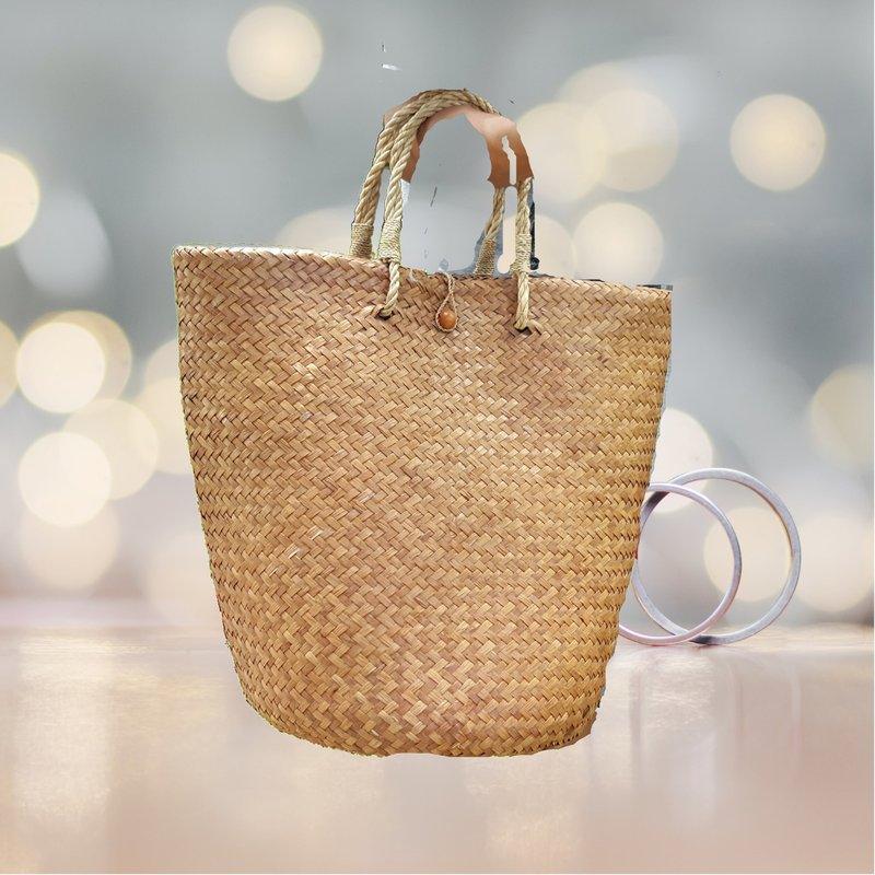 Watermelon-shaped bag with a large double-layer weave made of reeds - Handbags & Totes - Plants & Flowers Brown