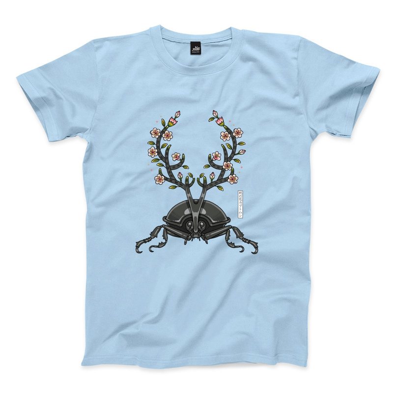 Peach Blossom-Water Blue-Unisex T-shirt - เสื้อยืดผู้ชาย - ผ้าฝ้าย/ผ้าลินิน สีน้ำเงิน