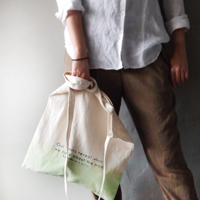 Ma'pin non-stop Asakusa Green Satin Dyed / Long + Short Belt Cotton Canvas Hand Dyed Handprint Tote Bag - Messenger Bags & Sling Bags - Cotton & Hemp Green