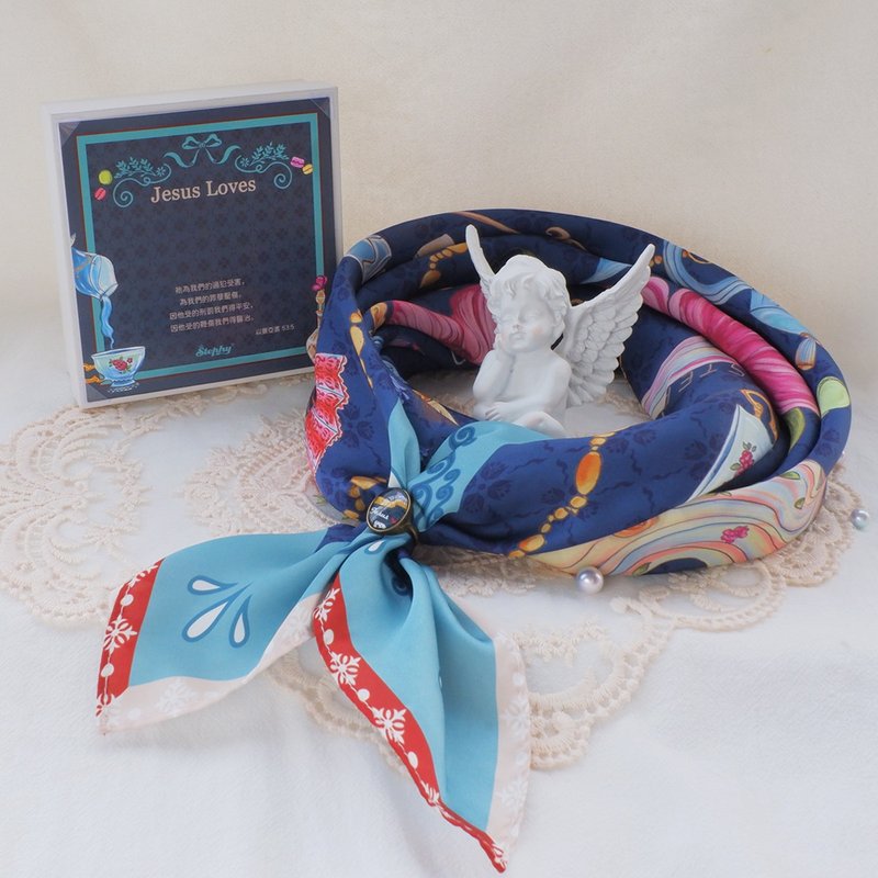 【Baptism Gift】Jesus Loves ~ Baptism Gift | Large silk scarf and silk scarf buckle - ผ้าพันคอ - วัสดุอื่นๆ 