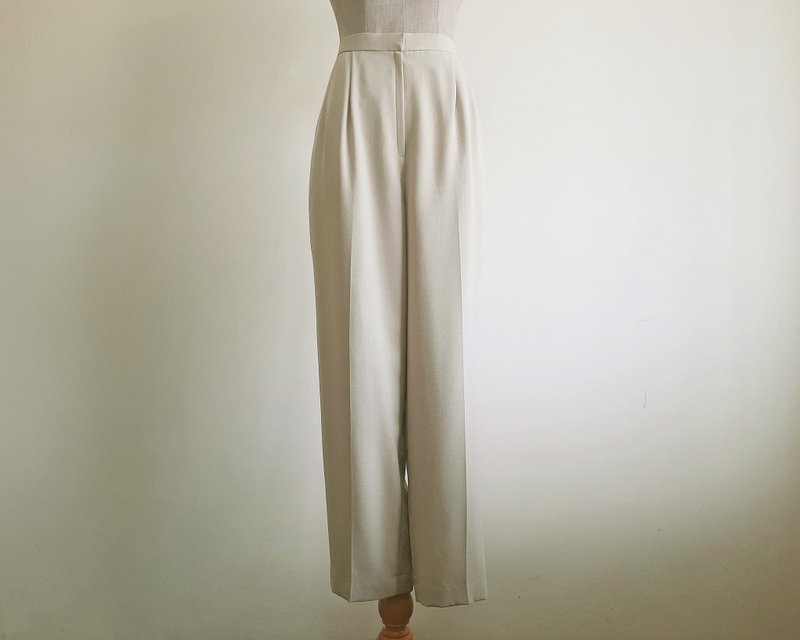 Small Medium Vintage Beige Pleated Pants Womens High Waisted Tapered Trousers - 男長褲/休閒褲 - 聚酯纖維 