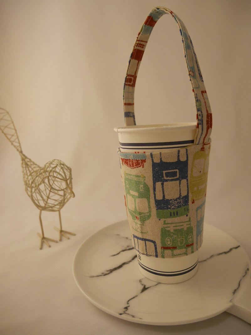Nostalgic Showa Tram Outer Drink Cup Bag - ถุงใส่กระติกนำ้ - ผ้าฝ้าย/ผ้าลินิน สีเขียว