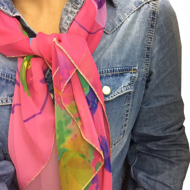KAYANO USHIYAMA x Ballett Collaboration Scarf Dream Peacock Pink Large Chiffon Square Made in Japan 90x90cm - ผ้าพันคอ - เส้นใยสังเคราะห์ สึชมพู