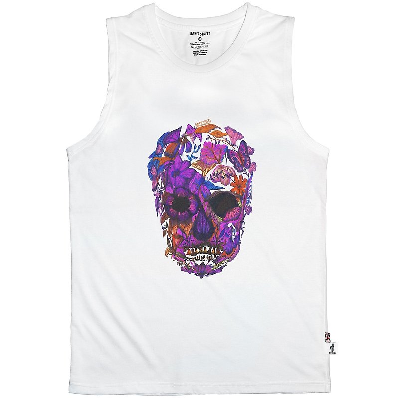British Fashion Brand - Baker Street - Blossom Skull Printed Tank Top - เสื้อกั๊กผู้ชาย - ผ้าฝ้าย/ผ้าลินิน ขาว