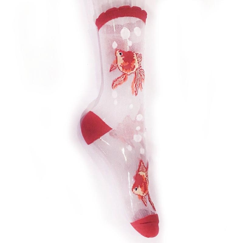 リトルローズプラネットクリスタル金魚靴下ソックス透明金魚（赤い光沢のあるゴールドの金魚の段落） - ソックス - ポリエステル レッド