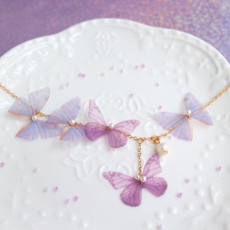 Lavender Purple - Silk Butterfly 18kgf Diamond Crystal necklace Bracelet earring - Necklaces - Silk Purple