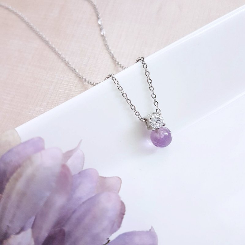 點點。天然珍珠/紫水晶白鋼墬鍊  不怕水防過敏 - 項鍊 - 水晶 紫色