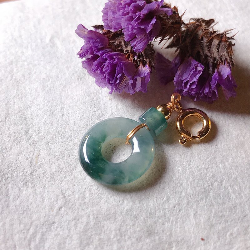 Ice Floating Blue Flower Jadeite Peace Buckle Charm 14K Gold | Natural A Cargo Jade | Gift - พวงกุญแจ - หยก สีใส