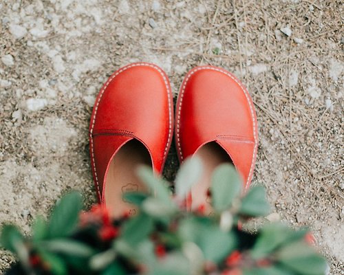 Crupon 露跟涼鞋、皮革涼鞋、紅色皮革涼鞋、夏季涼鞋、女士涼鞋、夏季鞋