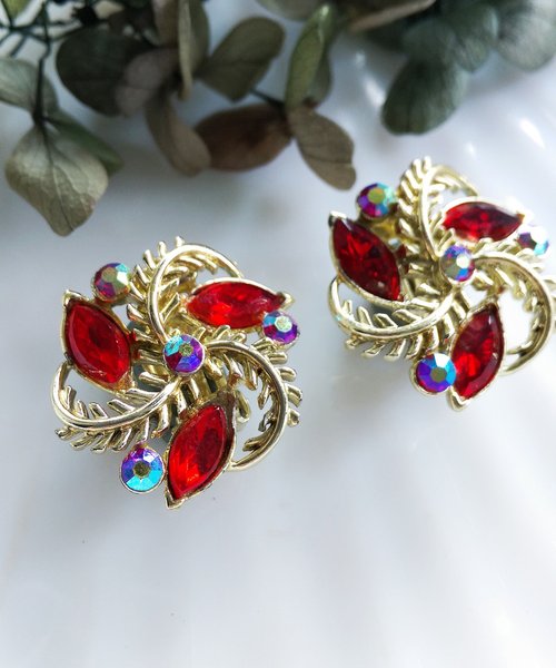 老時光角落 Vintage Jewelry 西洋古董飾品 STAR 紅馬眼 旋轉花 夾式耳環