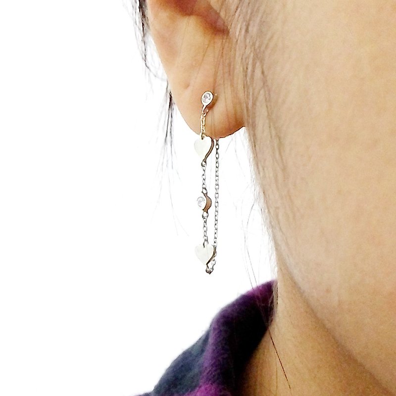 Sterling Silver Tiny Heart & Chain Earrings,zircon - ต่างหู - เงินแท้ 