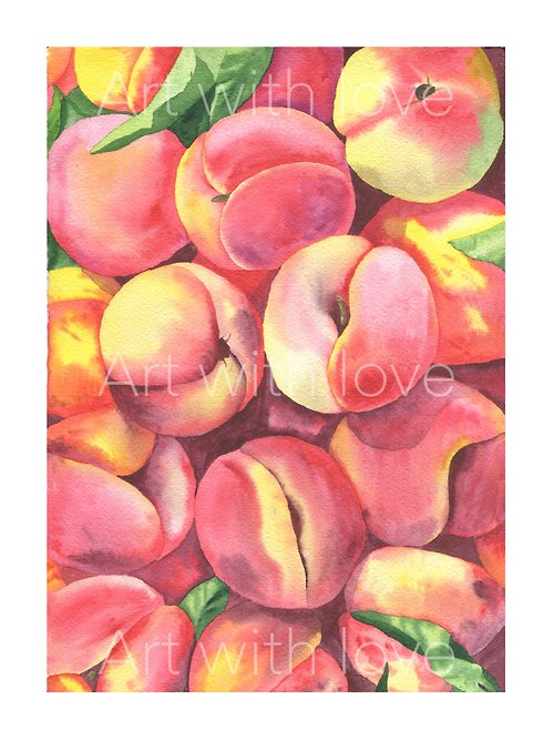 Art with Love watercolor painting of a lot of juicy peaches Art girl Wall