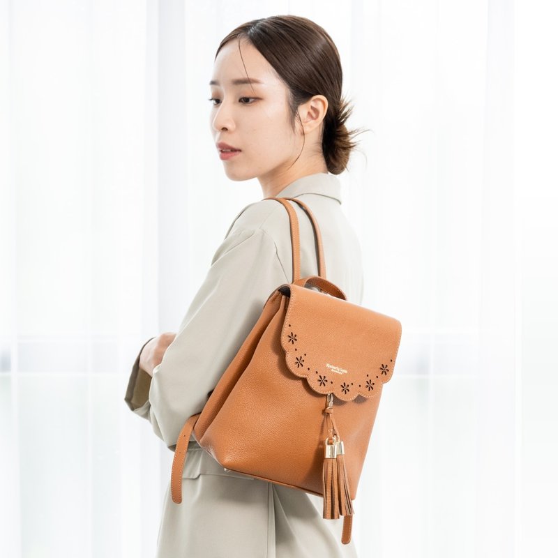 百變換蓋真皮後背包 - 少女小花(含流蘇) - 後背包/背包/書包 - 真皮 橘色