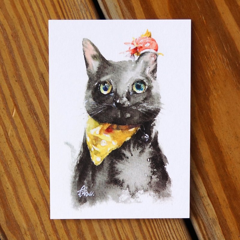 Watercolor painted hair boy series postcard - cat eating fish - Cards & Postcards - Paper Black