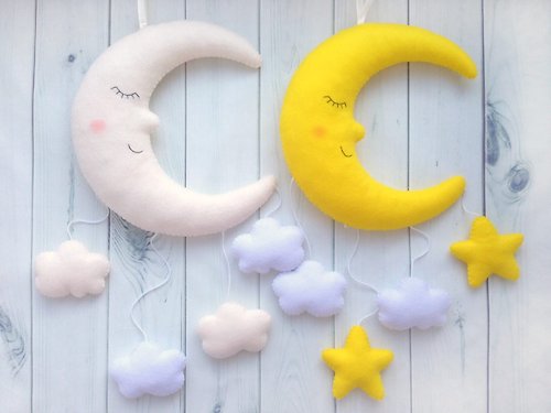 DesignerSvetaAris 毛氈嬰兒月亮 星星 雲彩 嬰兒房牆壁裝飾 嬰兒床吊墜玩具嬰兒禮物