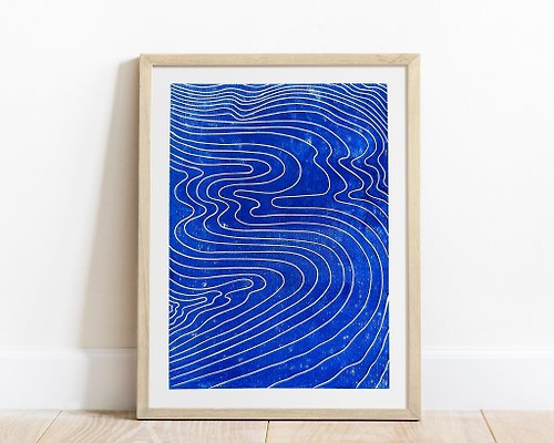 daashart Linocut print Abstract blue water art Nautical wall decor Original artwork