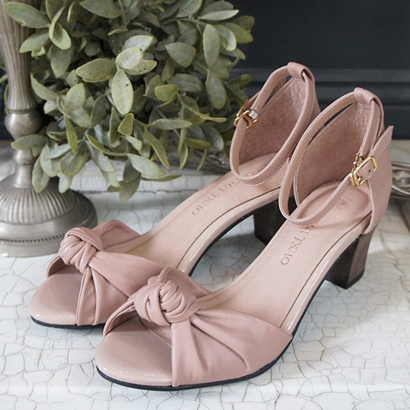 GT full leather twisted bow with sandals - 藕 powder - Sandals - Genuine Leather Pink