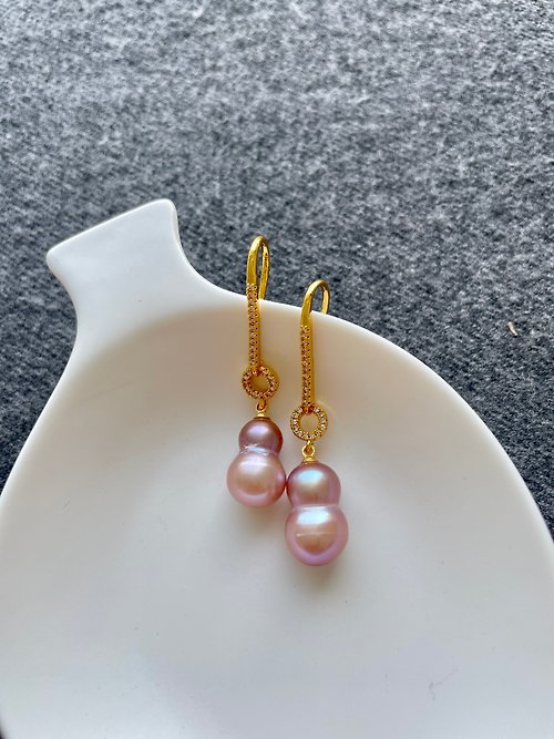 Athena珍珠設計 葫蘆 天然淡水珍珠 紫色炫彩珍珠 純銀耳環