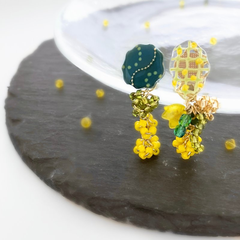 Mimosa design Clip-On/piercing - Earrings & Clip-ons - Other Materials Yellow