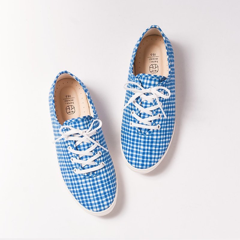 Lace-up casual shoes Flat Sneakers with Japanese fabrics Leather insole - Women's Casual Shoes - Cotton & Hemp Blue