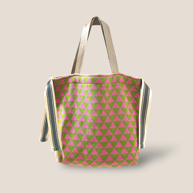 Soft Knit Tote - Pink x Green (Triangle) - Handbags & Totes - Polyester Pink