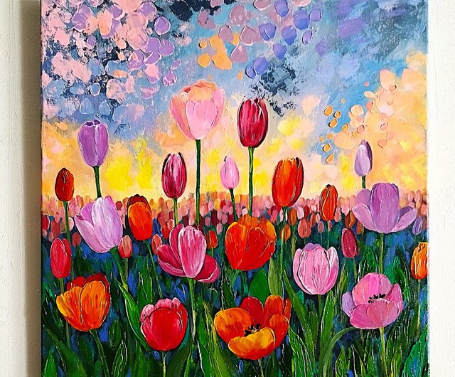 チューリップの絵画風景テクスチャアート花壁装飾アートワーク