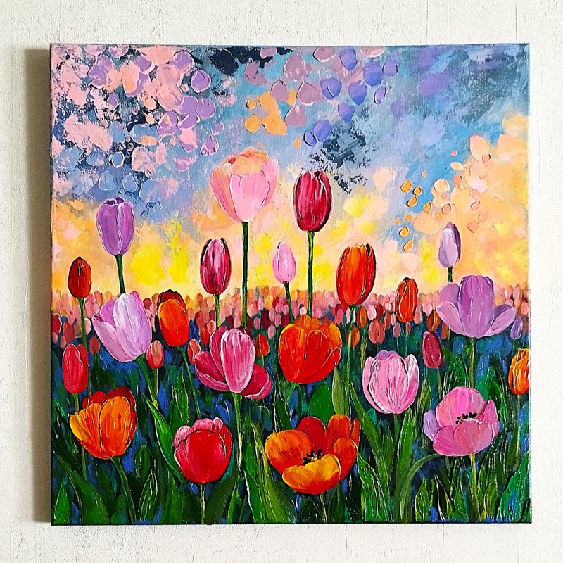 Tulips Painting Landscape Textured Art Flowers Wall Decoration Artwork - 壁貼/牆壁裝飾 - 壓克力 多色