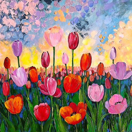 花の絨毯＊4号キャンバス　絵画　原画　春　風景画　チューリップ 交換無料！ 花の絨毯＊4号キャンバス 絵画 原画 春 風景画