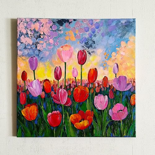 花の絨毯＊4号キャンバス　絵画　原画　春　風景画　チューリップ 数量限定】 花の絨毯＊4号キャンバス チューリップの 風景画 春